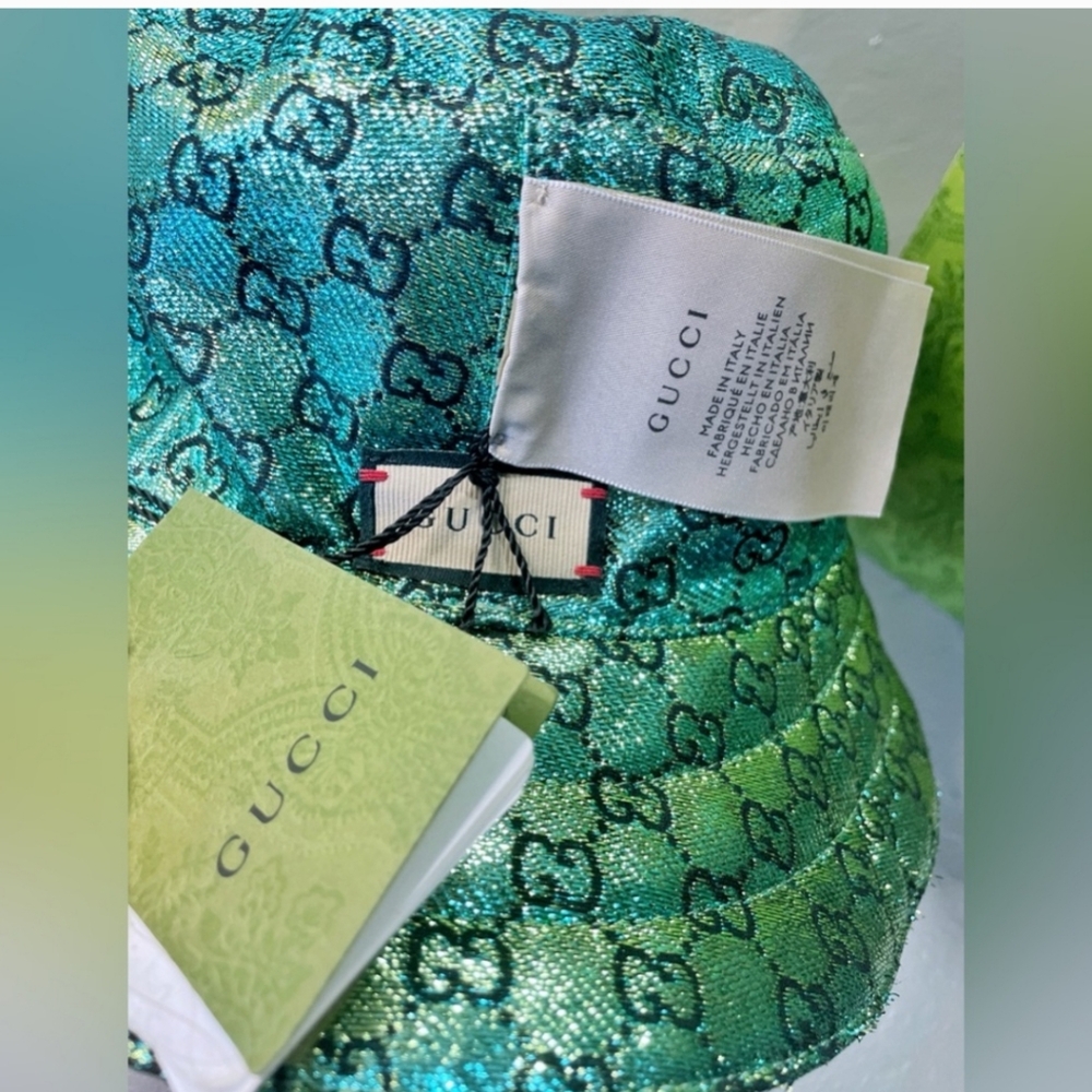 NWT Gucci Metallic Reversable Iridescent Green GG Bucket Hat Size Large - Picture 7 of 12